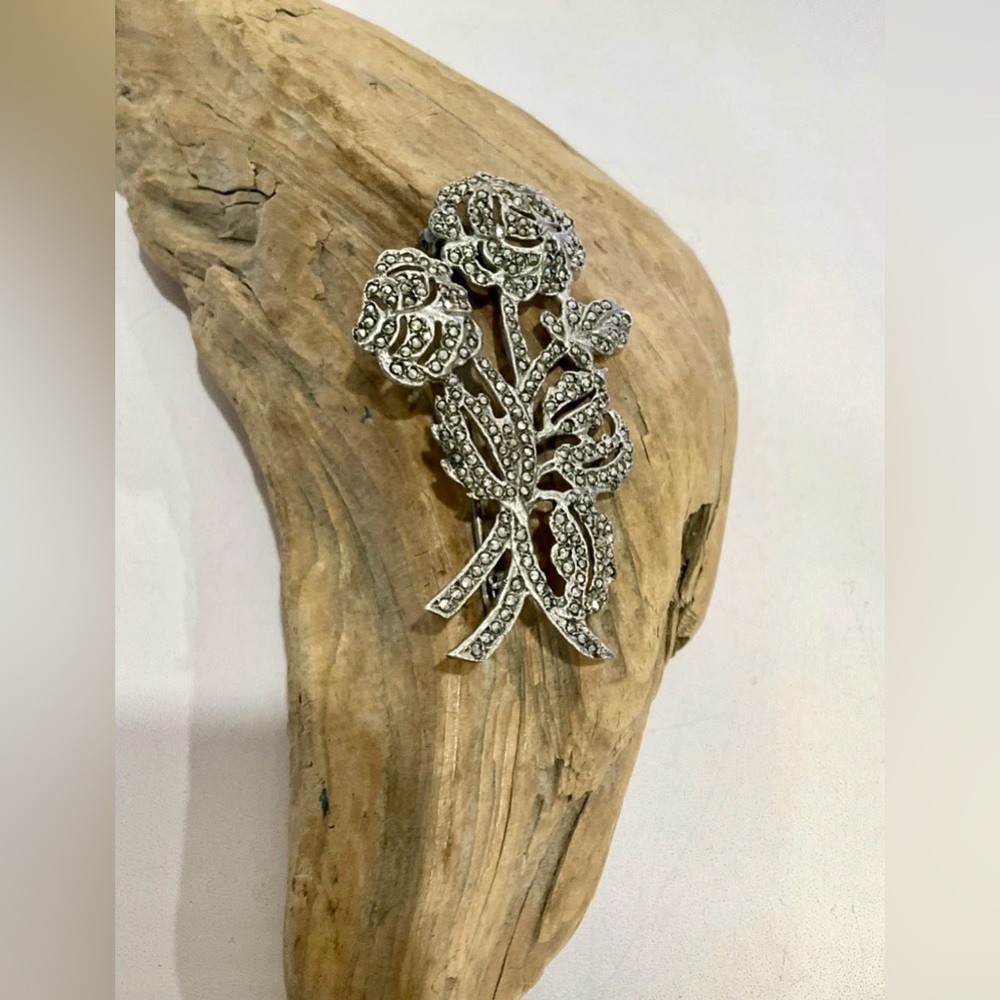 Vintage Sterling Silver Marcasite Double Rose Brooch Pin Floral 10g